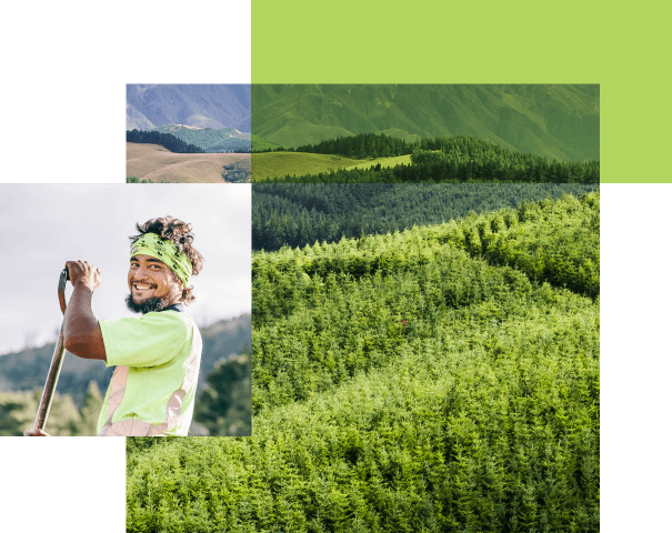 A man smiles, he's holding a spade and there's trees in the background